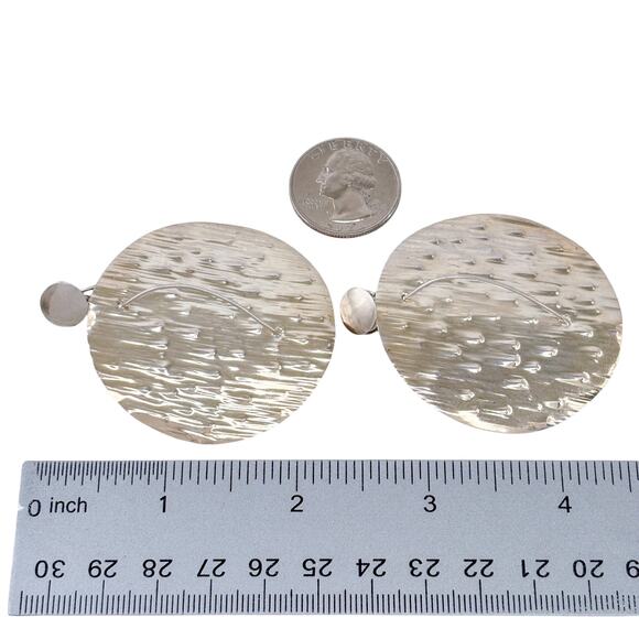 Estate Sterling Silver 925 Large Hammered Disc Earrings - Picture 6 of 7